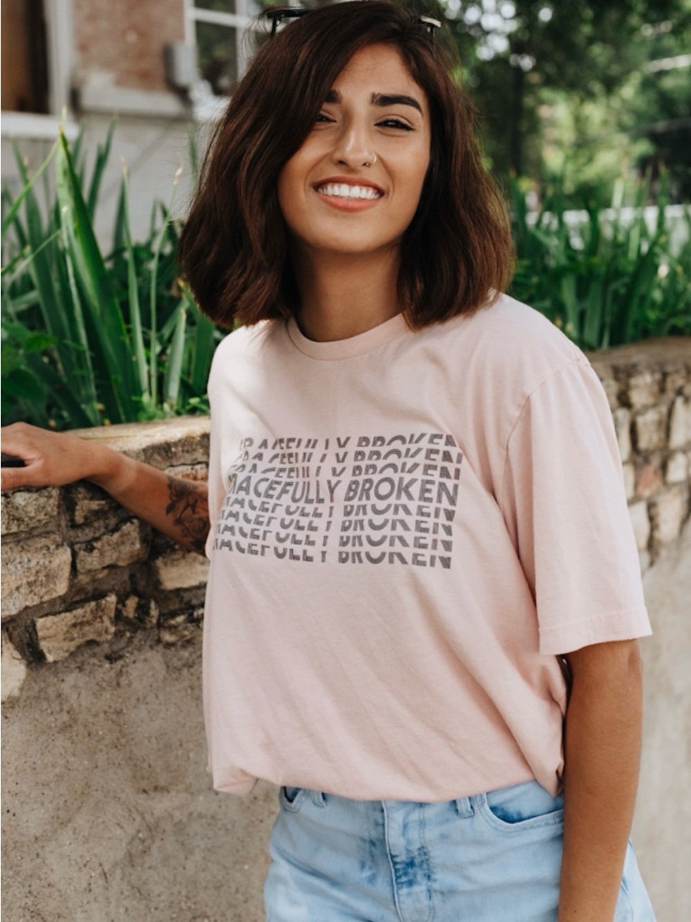 Light Pink Short Sleeve Graphic Tee - 'Peacefully Broken' Print